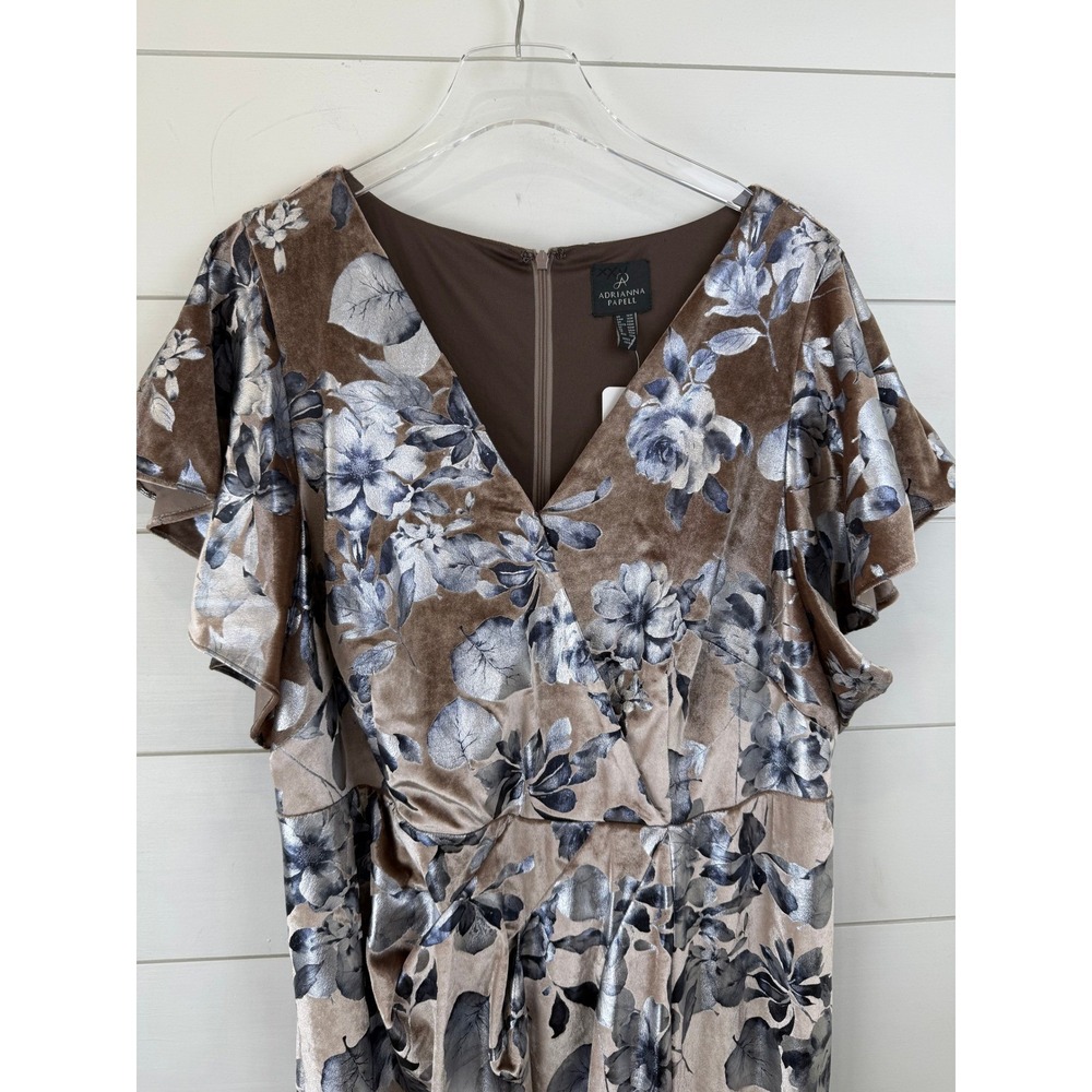 NEW Adrianna Papell FOIL Velvet Floral Maxi Dress GOWN Women 16W Taupe Burnout - Picture 3 of 13